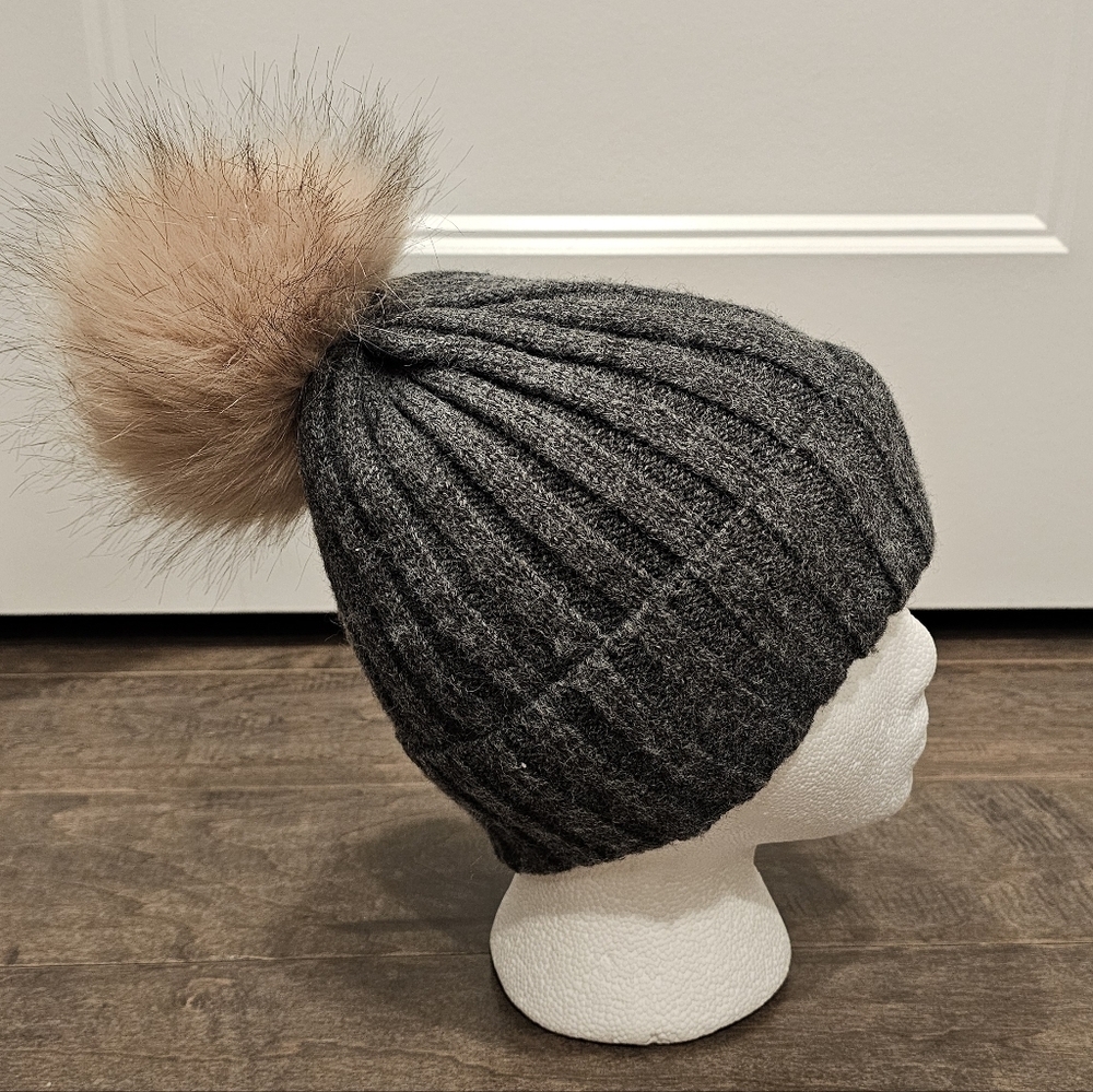 Anthropolgie Gray Ribbed Knit Beanie with Faux Fur Pom